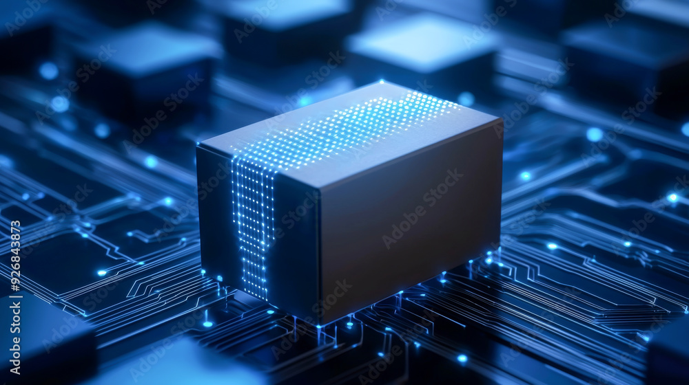 Poster futuristic circuit board close-up with a glowing microchip, showcasing technology and digital innova