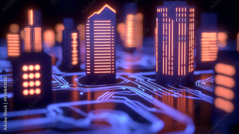 Poster futuristic cityscape with illuminated buildings combined with circuit patterns, symbolizing technolo