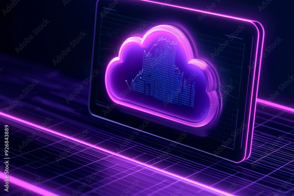 Poster futuristic cloud computing concept featuring a neon cloud icon on a digital tablet, symbolizing data