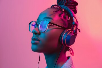 Fototapeta premium Fashion pretty woman with headphones listening to music over red neon background at studio.