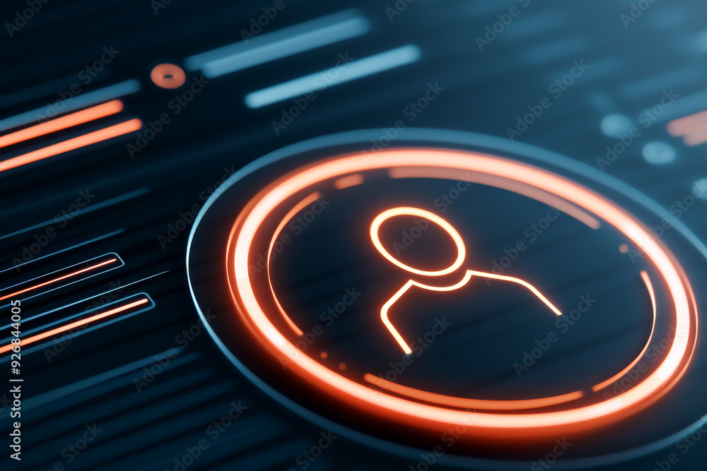Poster futuristic user icon with glowing elements on a digital interface, representing modern technology an