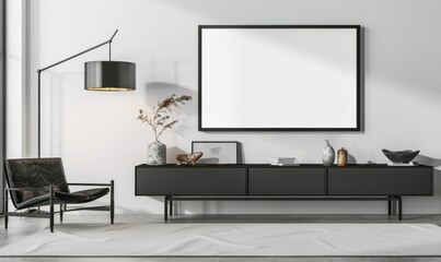 Living Room with Black Wall-Mounted Frame and Dark Gray Cabinet. Neutral Color Scheme, White Walls, Simple Design, and Spacious Decor Area.