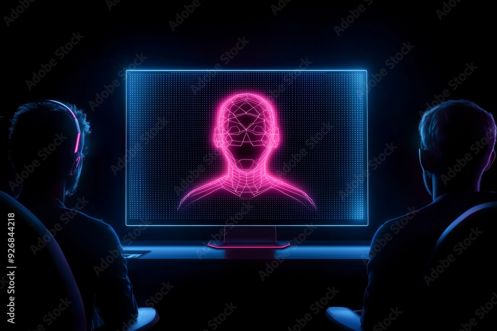 Poster two individuals engage with a glowing display showcasing a digital avatar in a dark setting, emphasi