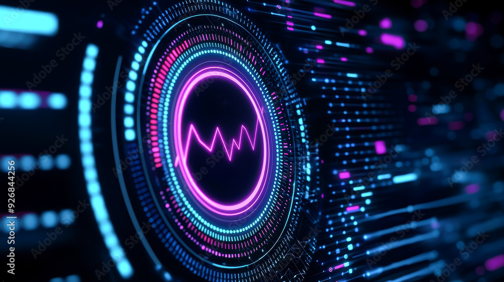 Poster vibrant digital background featuring abstract wave patterns and glowing neon elements, ideal for tec