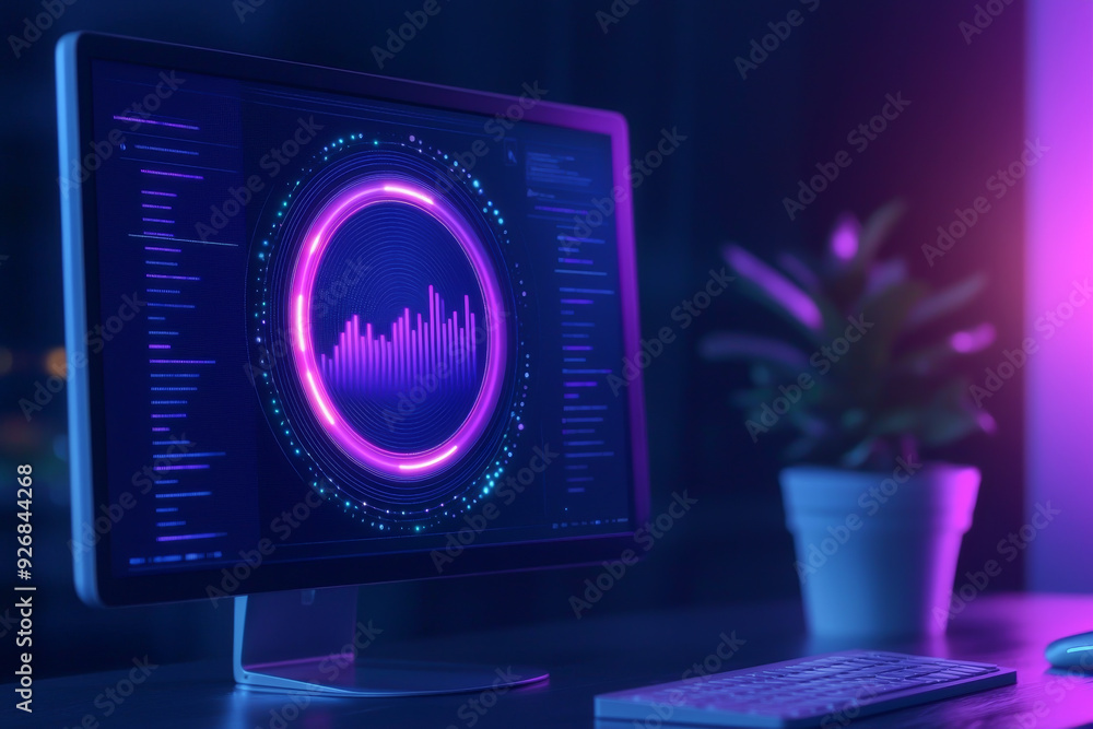 Poster vibrant computer monitor displaying audio visualization in a dark room, featuring neon colors and mo