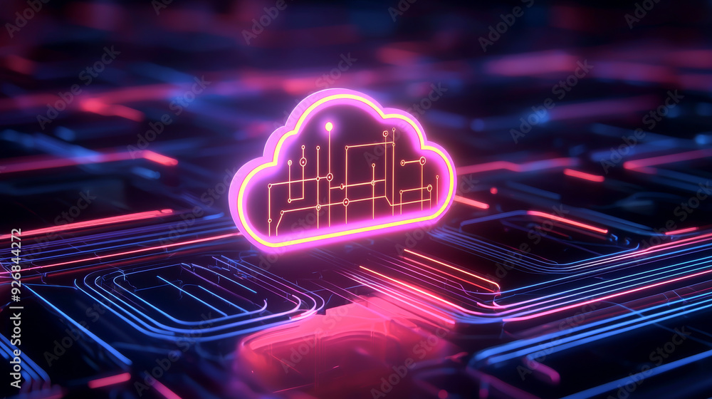 Poster vibrant digital cloud symbol representing cloud computing, surrounded by abstract neon circuitry in 