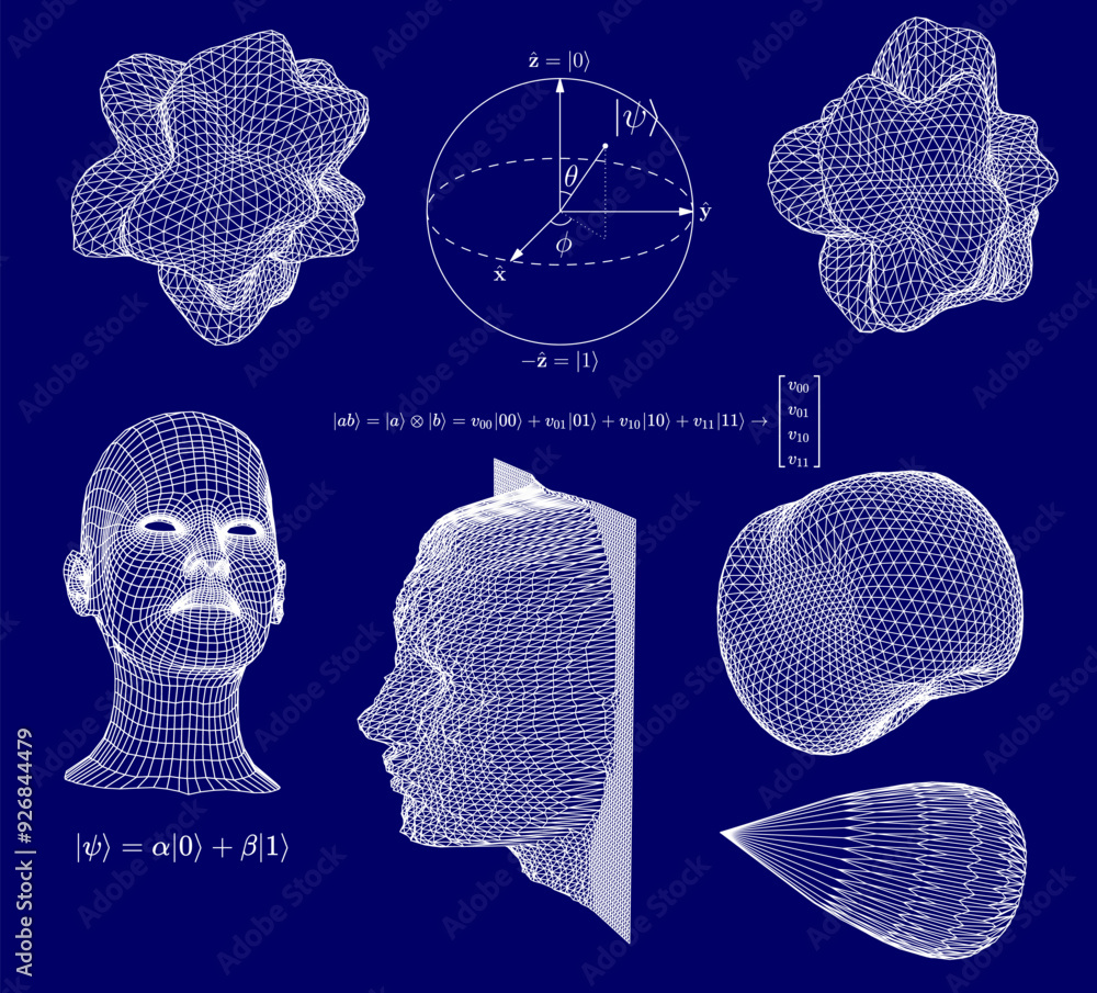 Poster a set of illustrations related to scientific technology, showing abstract figures and schematic diag