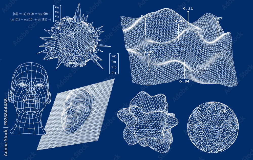 Poster a set of illustrations related to scientific technology, showing abstract figures and schematic diag