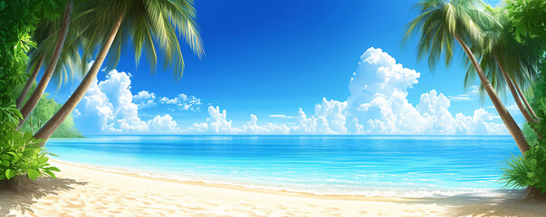 Fototapeta premium beautiful summer beach with palm trees and blue sky background