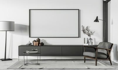 Living Room with Black Wall-Mounted Frame and Dark Gray Cabinet. Neutral Color Scheme, White Walls, Simple Design, and Spacious Decor Area.