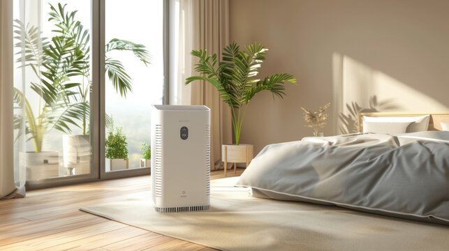 White modern design air purifier, dehumidifier in beige brown wall bedroom, gray cover sheet bed, tropical palm tree and sun rays shining in.