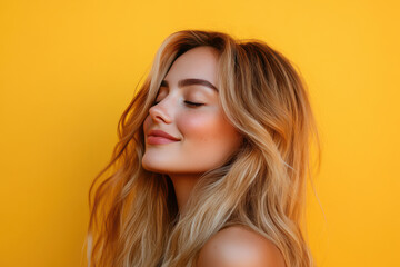 Naklejka premium A close up of a woman's face with her eyes closed and long blond hair