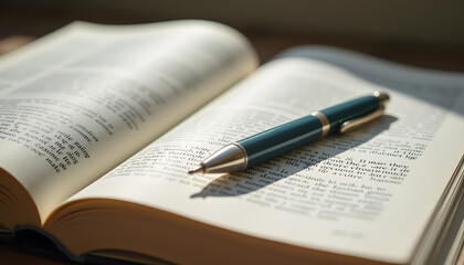 Open textbook with highlighted notes and a pen carefully resting on the page ready for study.