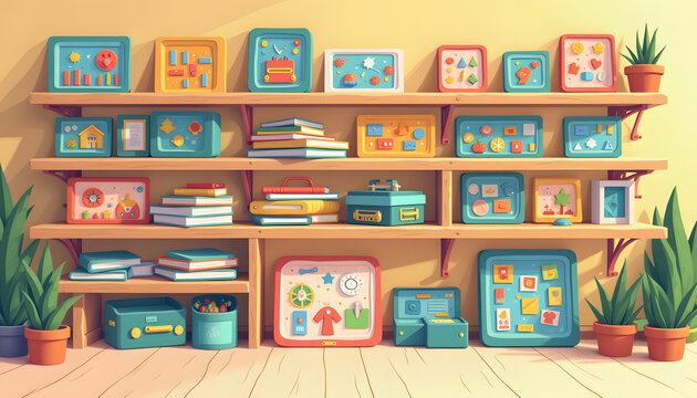 Shelf packed with educational games and puzzles neatly arranged for student engagement.