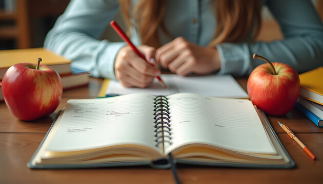 Teacher’s planner opened to the first day of school brimming with lesson plans.