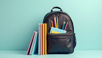 Fototapeta premium A well-arranged backpack filled with essential school supplies such as notebooks, pencils, and folders set up to reflect readiness for the new school year.