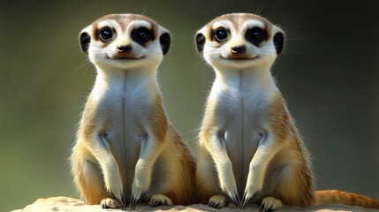 Fototapeta premium Curious meerkats, standing upright on a mound, in the open savanna, bright daylight
