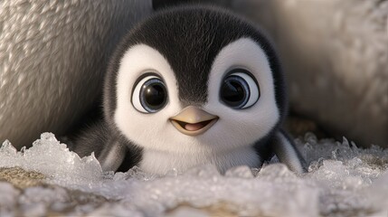 Curious penguin chick, huddled close to its parent on an icy landscape, with a pale blue sky overhead, cold, bright light