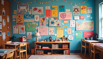 An organized setup of educational posters and classroom materials displayed on a wall to create an engaging and visually stimulating learning environment.
