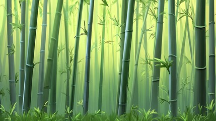 Obraz premium Dense bamboo forest, with sunlight filtering through tall bamboo stalks, soft ambient light