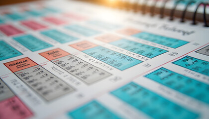 A detailed view of a school calendar featuring important dates and events marked in vibrant colors to help students stay organized and prepared for the year ahead.