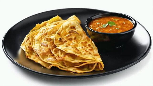 A plate of roti canai, the golden, flaky flatbread served with a side of rich, spicy curry sauce, served on black plate, isolated on white background