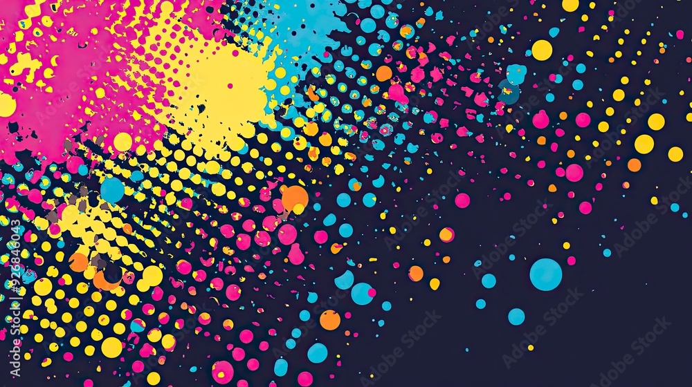 Poster digital dots, halftone patterns in vibrant colors, creating a textured effect, soft ambient lighting
