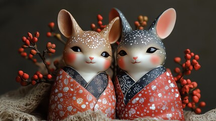 Charming figurines of rabbits in traditional clothing, surrounded by vibrant red berries, adding warmth and cuteness to any decor.