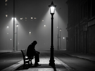 Melancholy Mood Concept. A shadowy figure sits alone on a city bench under a streetlamp at night. The empty streets and dim light create a mood of loneliness and solitude in the urban setting.