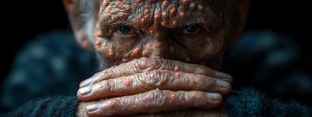 A person examining their skin with visible monkeypox lesions, on his body