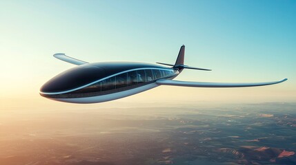 Electric-powered airplane, sleek futuristic design, in flight, clear bright sky