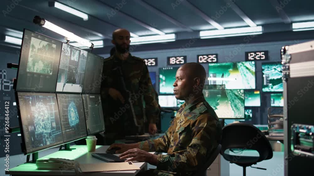 Poster army professional employing ai tech to improve military combat systems and missiles monitoring. afri