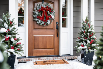 Fototapeta premium A front door decorated for Christmas with a lush green wreath made of pine, red ribbons, and small golden bells.
