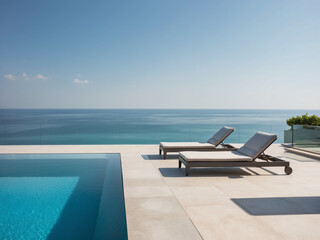 Fototapeta premium Modern villa terrace with sleek sun beds placed near an infinity pool that merges seamlessly with the horizon.