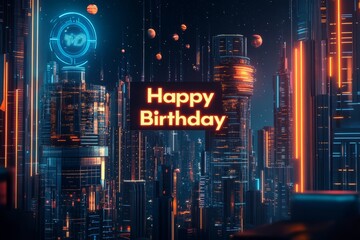 Fototapeta premium The city centre's futuristic high-rise buildings are set against the glittering skyline. Modern neon colors, dark blue, orange, neon green. It's the perfect combination of technology and art