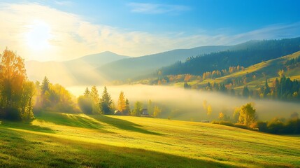 Obraz premium Golden Sunrise Over Foggy Mountain Valley