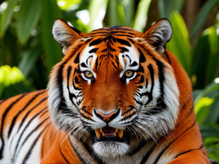 Obraz premium A close-up of a fierce tiger's face, showing its intense gaze, sharp teeth, and vibrant orange fur with black stripes, set against a lush green background.