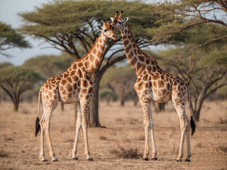 Fototapeta premium A pair of giraffes standing tall in the middle of a dry acacia forest, their long necks reaching up to the treetops to feed on leaves.