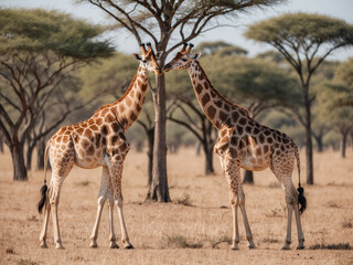 Obraz premium A pair of giraffes standing tall in the middle of a dry acacia forest, their long necks reaching up to the treetops to feed on leaves.