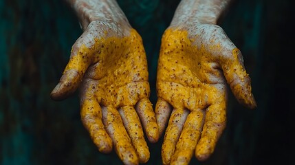 A person examining their skin with visible monkeypox lesions, on his body