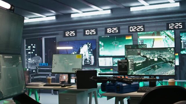 Advanced technology in army command center housing operational missile defense system. Armed forces headquarters used for tracking enemy rockets using radar systems during war