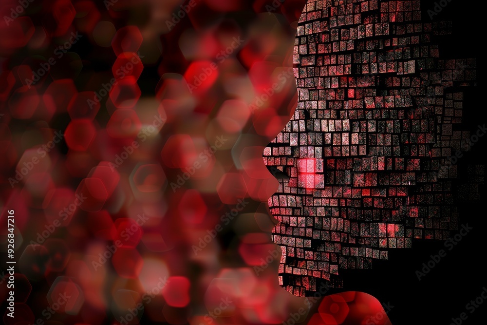 Poster digital identity, profile of a human head composed of pixels on a red bokeh background