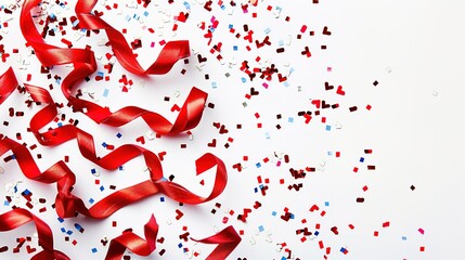 Red ribbon and confetti on white background.