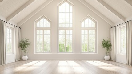 Fototapeta premium Spacious Modern Farmhouse Room with Light Wood Floors, White Walls, and Tall Skylights