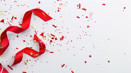 Red ribbon and confetti on white background.