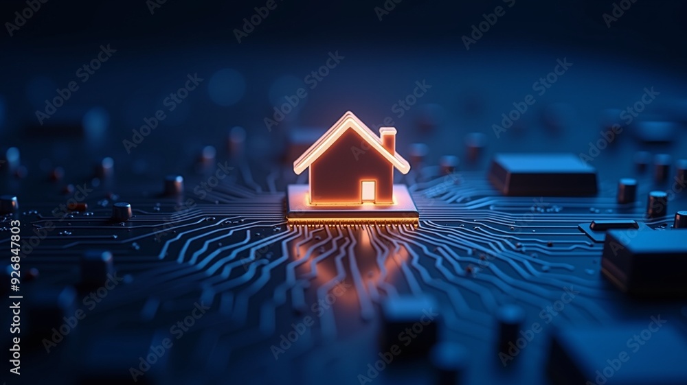 Poster smart home icon on circuit board, a glowing house icon embedded on a complex circuit board. electron