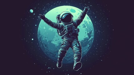 Vector illustration of an astronaut dancing against the backdrop of the moon and space. 