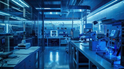 Fototapeta premium A sterile laboratory space with sleek, modern equipment, including a large machine with a screen displaying a blurry image. The room is lit by fluorescent lights, casting a cool, blue hue.