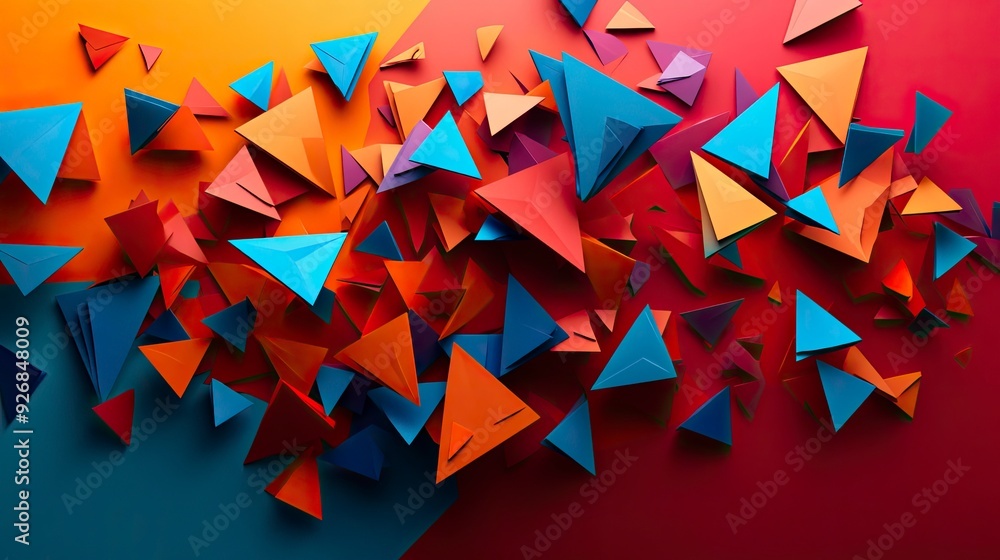 Poster interlocking triangles, in vibrant primary colors, forming a dynamic pattern, sharp shadow lighting
