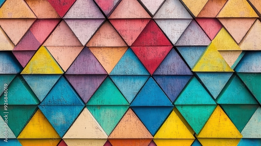 Aufkleber interlocking triangles, in vibrant primary colors, forming a dynamic pattern, sharp shadow lighting